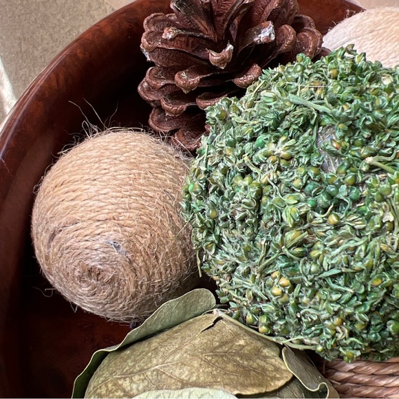 Decorative Hand Carved Wooden Bowl with Assorted Orbs Ball Fillers & Pine Cones - Picture 9 of 13